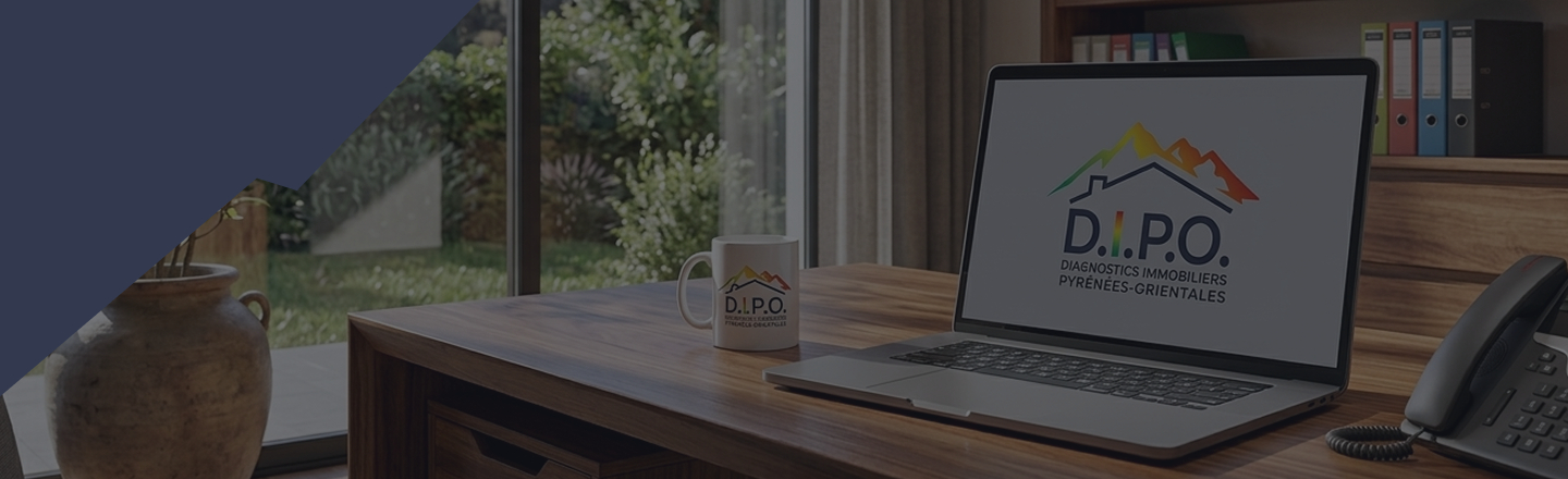Bureau DIPO avec ordinateur et mug au logo diagnostics immobiliers